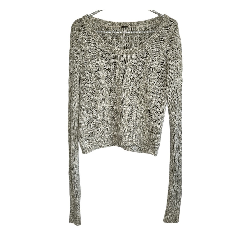 Free People Cable Knit Crop Sweater Small Y2k Boho Slouchy‎ Beachy Beige Grunge